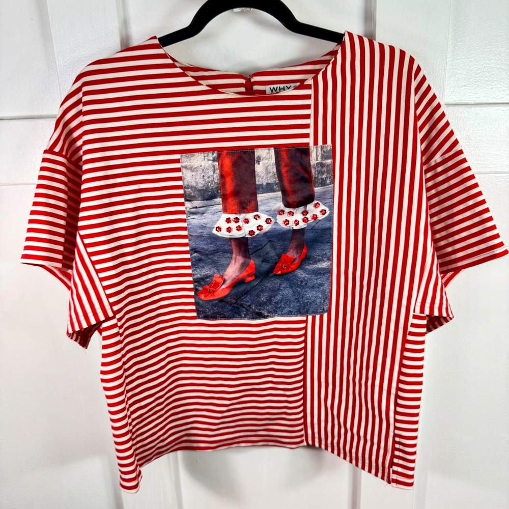 Why Dress Red White Striped Boxy Top Sequin Embellished Graphic Patch Large